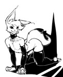 all_fours antennae_(anatomy) anthro black_sclera butt clothing collar genitals latex legwear male nails penis seductive sleeves smile solo tail thigh_highs yamabat mythology apollo_caelum alien dragon mythological_creature mythological_scalie scalie black_and_white digital_media_(artwork) monochrome