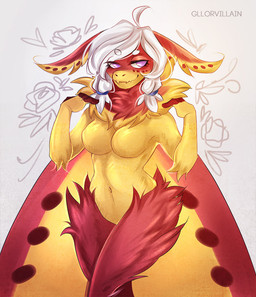 anthro breasts fangs female fur hair multicolored_body multicolored_fur non-mammal_breasts purple_eyes red_body red_fur simple_background smile solo teeth two_tone_body two_tone_fur white_hair wings yellow_body yellow_fur gllorvillain arthropod insect lepidopteran moth