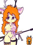 anthro antlers blush clothing countershading ear_piercing ear_ring female footwear fur genitals gun hair holster horn nipples nude nude_female orange_hair piercing purple_eyes pussy ranged_weapon ring_piercing socks solo star tattoo vaginal weapon yellow_body yellow_fur xammyxx deer mammal 3:4 hi_res watermark