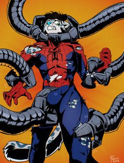 anthro black_hair blue_clothing blue_nose blue_spots blue_suit bulge bulge_grab clothed clothing facial_spots front_view fur green_eyes grey_body grey_fur hair male muscular muscular_anthro muscular_male red_clothing red_suit simple_background solo spider-man_suit spots spotted_face suit teeth torn_clothing torn_suit famir marvel spider-man_(series) doctor_octopus spider-man_(character) felid mammal 2023 dated hi_res signature