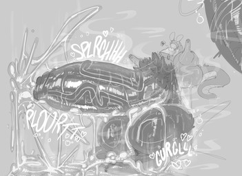 anthro balls big_balls big_butt big_penis bodily_fluids butt cum ejaculation frustrated fur gaming genital_fluids genitals huge_balls huge_penis hyper hyper_balls hyper_genitalia hyper_penis machine male musk onomatopoeia penis pubes simple_background solo sound_effects tail text nathyness protogen monochrome