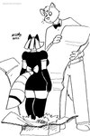 anthro clothed clothing duo female legwear maid_uniform male size_difference thigh_highs uniform whiskers tegerio robota_(tegerio) canid canine domestic_cat felid feline felis fox mammal hi_res monochrome