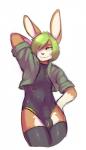 anthro bedroom_eyes brown_body brown_fur bulge clothed clothing detailed_bulge femboy front_view fur genital_outline green_eyes green_hair hair hair_over_eye half-closed_eyes hand_behind_head hand_on_hip jacket legwear leotard looking_at_viewer male monotone_clothing monotone_leotard narrowed_eyes one_eye_obstructed penis_outline seductive smile solo thigh_highs tight_clothing topwear white_body white_fur namelessenemy lotte_(munkeesgomu) lagomorph leporid mammal rabbit 2014