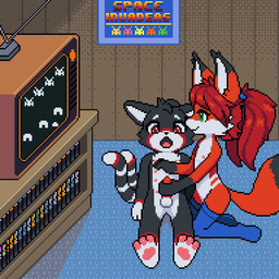 animated_gif anthro breath duo female genitals lying male male/female masturbation on_back panting penis penis_grab young jamesfoxbr space_invaders square_enix taito jully_figthers canid canine domestic_cat felid feline felis fox mammal animated digital_media_(artwork) pixel_(artwork) pixel_animation short_playtime