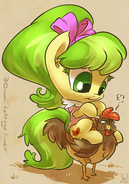 accessory biped bipedal_feral bow_(feature) bow_accessory bow_ribbon bridle clothing cutie_mark duo female feral freckles fur green_eyes green_hair hair hair_accessory hair_bow hair_ribbon orange_body orange_fur quadruped reins ribbons riding saddle straddling tail atryl friendship_is_magic hasbro my_little_pony ms._peachbottom_(mlp) avian bird chicken earth_pony equid equine galliform horse mammal phasianid pony 2013 digital_media_(artwork)