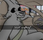 anthro car car_interior drive-thru fur grey_body grey_fur inside_car looking_at_viewer male menu_board seatbelt selfie solo steering_wheel text vehicle burgerpocalypse he_wants_to_order canid canine canis coyote mammal meme