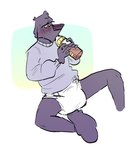 ageplay anthro baby_bottle beverage blue_background blush bodily_fluids bottle_feeding clean_diaper clothed clothing diaper drinking embarrassed green_background looking_away male roleplay simple_background solo sweat sweater topwear wearing_diaper white_background yellow_background slusheep kermit_(slusheep) canid canine canis domestic_dog mammal poodle hi_res