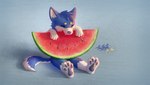 anthro blue_body eating food fruit fur hair male markings melon pawpads paws plant simple_background smile solo watermelon tailbyte canid canine canis domestic_dog mammal shiba_inu spitz 2023 artist_name colored digital_drawing_(artwork) digital_media_(artwork) digital_painting_(artwork) full-length_portrait hi_res portrait shaded signature widescreen