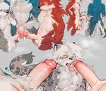 amber_eyes anthro balls black_nose blue_body blue_eyes blue_fur blush bodily_fluids bottomwear clothing comparing cum cum_on_face ejaculation fangs fellatio finger_in_mouth fluffy fluffy_tail fur genital_fluids genitals grey_body grey_fur group hand_on_hip heart_symbol humanoid_genitalia kemono loincloth male male/male markings multicolored_body multicolored_fur muscular muscular_anthro muscular_male nipples nude_anthro nude_male oral pecs penile penis penises_touching red_body red_fur sex spots spotted_body spotted_fur tail teeth tongue tongue_out trio two_tone_body two_tone_fur sohungr599123 canid canine canis felid mammal pantherine snow_leopard wolf hi_res