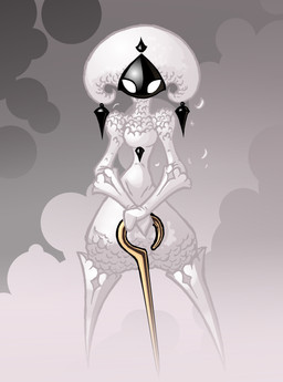 abstract_background anthro biped breasts ear_piercing female holding_object holding_weapon mask medium_breasts narrow_hips piercing sewing_pin simple_background small_waist solo thick_thighs wasp_waist weapon wearing_gloves wearing_mask white_background white_body eidel-elias-weise hollow_knight:_silksong hollow_knight_(franchise) team_cherry lace_(hollow_knight:_silksong) unknown_species 2019 absurd_res hi_res