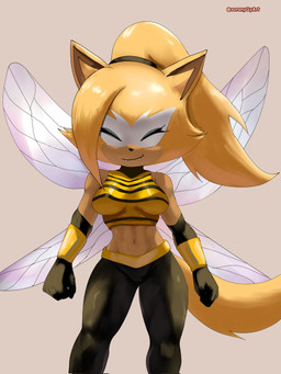 abs alternate_species anthro big_breasts black_bottomwear black_clothing black_pants bottomwear breasts clothing cosplay eyes_closed fangs female hair midriff navel pants pattern_clothing pattern_shirt pattern_topwear ponytail pose shirt smile solo striped_clothing striped_shirt striped_topwear stripes tail teeth topwear wings soranygyart dc_comics idw_publishing sega sonic_the_hedgehog_(comics) sonic_the_hedgehog_(idw) sonic_the_hedgehog_(series) bumblebee_(dc) whisper_the_wolf canid canine canis mammal wolf 3:4 crossover hi_res signature