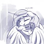 duo eyes_closed feathered_wings feathers female feral hair horn smile wings dimfann friendship_is_magic hasbro my_little_pony mythology princess_celestia_(mlp) twilight_sparkle_(mlp) equid equine mammal mythological_creature mythological_equine winged_unicorn 1:1 blue_and_white hi_res monochrome