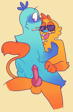 ambiguous_gender animal_genitalia animal_penis anthro balls blue_body blue_fur blush blush_lines blushing_profusely canine_genitalia canine_penis duo erection fur genitals knot male male/ambiguous orange_body orange_fur penis seductive simple_background smile tongue tongue_out conditional_dnp sleepweed bugsnax young_horses chester_chullabaloo_(sirtoasterbutt) fan_character filbo_fiddlepie grumpus absurd_res hi_res