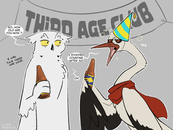 alcohol alcohol_bottle annoyed anthro beak beverage beverage_bottle birthday black_body black_feathers bottle bubble casual_nudity chest_tuft clothing container dialogue drunk drunk_bubble duo feathered_wings feathers fur grey_background half-closed_eyes hat headgear headwear holding_bottle holding_container holding_object holidays humor inside long_neck male mostly_nude multicolored_body multicolored_feathers narrowed_eyes open_beak open_mouth orange_eyes party_hat red_scarf scarf sign simple_background sound_effects speech_bubble standing substance_intoxication talking_to_another text tongue tuft two_tone_body two_tone_feathers white_body white_feathers winged_arms wings yellow_eyes rozalid bec-de-gaz scandiowlcus avian bird owl stork white_stork dated digital_drawing_(artwork) digital_media_(artwork) english_text hi_res signature
