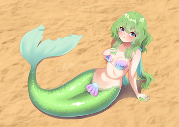 5_fingers bra breasts clothing female fingers green_hair green_tail hair light_body light_skin long_hair membrane_(anatomy) mermaid_tail navel seashell_bra small_breasts solo split_form tail underwear webbed_hands young emdneeko aquatic humanoid_merfolk merfolk absurd_res hi_res signature
