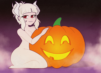 2_horns abstract_background bedroom_eyes big_breasts breasts curvy_figure female food fruit hair hair_bun holidays horn huge_hips huge_thighs jack-o'-lantern light-skinned_female light_body light_skin looking_at_viewer markings mole_(marking) narrowed_eyes not_furry nude nude_female nude_humanoid plant pumpkin red_eyes seductive smile solo tasteful_nudity thick_thighs voluptuous voluptuous_female voluptuous_humanoid white_hair wide_hipped_female wide_hipped_humanoid wide_hips tonyneely halloween helltaker lucifer_(helltaker) demon demon_humanoid horned_humanoid humanoid 2025 digital_drawing_(artwork) digital_media_(artwork) hi_res