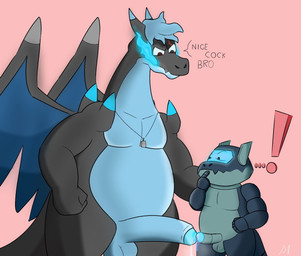 anthro bodily_fluids duo frottage genital_fluids genitals humanoid_genitalia humanoid_penis machine male male/male no_homo penile penis penis_size_difference penises_touching precum sex size_difference slightly_chubby surprised mythology nice_cock_bro nintendo pokemon slavik dragon generation_6_pokemon mega_charizard mega_charizard_x mega_evolution mythological_creature mythological_scalie pokemon_(species) robot scalie hi_res