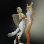 1:1 2012 3d_(artwork) anthro areola armwear ashnar blonde_hair breast_size_difference breasts bridal_gauntlets clothing collar digital_media_(artwork) duo_focus feathered_wings feathers featureless_breasts felid female green_eyes group hair hi_res horn lagomorph lily_(ashnar) mammal mostly_nude mythological_creature mythological_sphinx mythology nipples nude opal_(ashnar) phina_(ashnar) simple_background size_difference small_breasts standing white_hair wide_hips wings wolpertinger