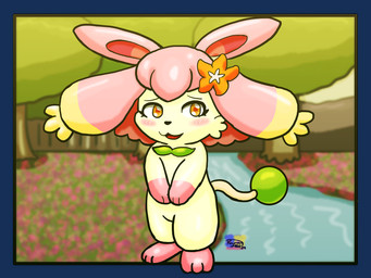 3_fingers 3_toes :3 accessory ambiguous_gender black_border blonde_highlights blush border cheek_tuft chibi detailed_background facial_tuft feet feral fingers flower flower_in_hair forest fur fur_tuft gloves_(marking) grass hair hair_accessory highlights_(coloring) leaf leg_markings markings nature nature_background open_:3 orange_eyes orange_flower outside pink_blush pink_ears pink_hair pink_inner_ear plant river socks_(marking) solo tail toes tree tuft yellow_body yellow_fur yellow_tuft playmanrgs palworld pocketpair flopie mammal pal_(species) 2024 4:3 alpha_channel dated hi_res signature