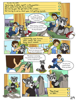anthro backpack bottomwear cellphone cheek_tuft clothed clothing detailed_background dialogue dipstick_tail duo electronics eyewear facial_tuft feet_together footwear fully_clothed furniture gaming gloves_(marking) headphones jacket male markings note onomatopoeia phone shoes sound_effects speech_bubble tail tail_markings text topwear tuft pandapaco art_(pandapaco) ailurid human mammal procyonid raccoon comic english_text hi_res