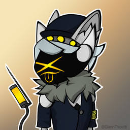 alternate_species anthro anthrofied armband clothed clothing ear_tuft furrification hair hat headgear headwear machine male screen screen_face simple_background smile solo syringe tuft yellow_eyes yellow_mouth giannipapetti glitch_productions murder_drones n_(murder_drones) protogen 1:1 2022 digital_drawing_(artwork) digital_media_(artwork) hi_res signature