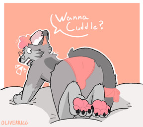 anthro bed briefs butt clothing ear_piercing eyewear fur furniture glasses grey_body grey_fur hair looking_at_viewer looking_back male on_bed pawpads paws piercing pink_clothing pink_hair pink_pawpads pink_underwear presenting presenting_hindquarters question solo stripes underwear wearing_glasses oliverracc roka_(rokapop) domestic_cat egyptian_mau felid feline felis mammal russian_blue 2025 hi_res nonbinary_(lore)