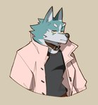 anthro clothed clothing collar eyebrows fur male simple_background solo topwear greyy brand_new_animal studio_trigger shirou_ogami canid canine canis mammal wolf hi_res