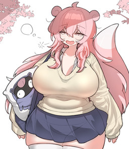 :d ahoge alternative_fashion belly big_breasts blush bottomwear breasts clothed clothing curvy_figure cute_fangs dipstick_tail fangs female gyaru hair handbag huge_breasts humanoidized j-fashion kogal legwear long_hair markings miniskirt navel open_clothing open_mouth open_shirt open_topwear pillow pink_hair shirt skirt slightly_chubby smile solo squish sweater tail tail_markings teeth thigh_highs thigh_squish topwear wide_hips aender nintendo pokemon gyaru_slowpoke_(shin_no_tenpii) animal_humanoid generation_1_pokemon humanoid pokemon_(species) pokemon_humanoid slowpoke absurd_res hi_res