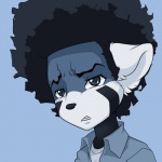 afro alternate_species anthro biped black_nose blue_eyes clothed clothing curled_hair disgust fully_clothed furrification hair kinky_hair male solo malachyte the_boondocks huey_freeman ailurid mammal red_panda 1:1 2014 bust_portrait digital_media_(artwork) monochrome portrait reaction_image