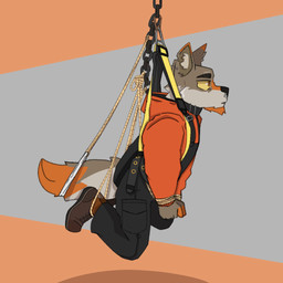 anthro bdsm bondage boots bound clothed clothing footwear male overalls restrained rope shoes simple_background solo straps suspension tail mrpawpaw canid canine canis coyote mammal 1:1 digital_media_(artwork) hi_res