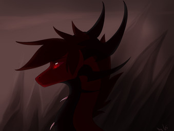 dark feral glowing glowing_eyes horn long_neck red_body red_eyes sad side_view solo wrappedvi mythology dragon mythological_creature mythological_scalie scalie digital_media_(artwork) headshot_portrait portrait red_theme