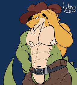abs anthro belt biceps bottomwear chaps clothed clothing cowboy_hat crotchless_bottomwear crotchless_clothing crotchless_pants featureless_crotch front_view green_body hand_on_head hand_on_hip hat headgear headwear leather leather_bottomwear leather_clothing leather_pants looking_away male muscular muscular_anthro muscular_male navel nipples non-mammal_nipples pants pecs simple_background solo tail tail_ridge tongue tongue_out topless topless_anthro topless_male transparent_background yellow_body fluffywuffy glitch_productions the_amazing_digital_circus gummigoo_(tadc) crocodile crocodilian reptile scalie alpha_channel digital_media_(artwork) hi_res signature