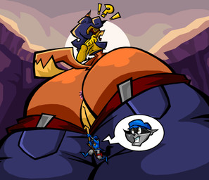 anthro anus big_butt biped bottomwear butt clothing confusion curvy_figure denim denim_bottomwear denim_clothing female female_anthro fox_tail genitals humanoid_genitalia humanoid_vulva jeans larger_female macro male male/female male_anthro mask pants pulling_pants_down scared size_difference smaller_male sunset voluptuous vulva sabs sly_cooper_(series) sony_corporation sony_interactive_entertainment sucker_punch_productions carmelita_fox sly_cooper canid canine fox mammal procyonid raccoon absurd_res hi_res