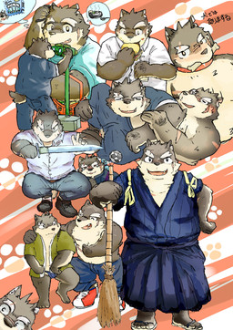 4_toes 5_fingers >:( >:) anthro asian_clothing ball belt black_eyes blade blue_clothing blue_fundoshi blue_kimono blue_underwear blush bone broom brown_eyes cleaning_tool clothing collar east_asian_clothing fangs feet fingers footwear formal_clothing fundoshi green_visors japanese_clothing kimono male multicolored_clothing multicolored_footwear multicolored_shoes nude pawpad_pattern pink_tongue red_collar sandals scar shoes shopping_basket simple_background soccer_ball solo teeth text toes tongue two_tone_clothing two_tone_footwear two_tone_shoes underwear hisreralitlle lifewonders tokyo_afterschool_summoners moritaka_(tas) canid canine canis domestic_dog mammal shiba_inu spitz hi_res japanese_text