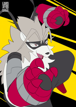 ambiguous_gender anthro bottomwear clothing cybernetic_arm cybernetic_limb footwear fur grey_body grey_fur grey_hair hair mask mechanical_arm open_mouth pants red_eyes shoes solo text white_body white_fur isohak23 bandai_namco digimon digimon_beatbreak digimon_(species) wolvermon 2026 artist_name digital_media_(artwork) hi_res url