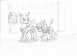 armor black_body carapace duo fangs feral hooves horn quadruped solo teeth text doesnotexist friendship_is_magic hasbro my_little_pony evening_breeze rising_sun_(doesnotexist) arthropod changeling absurd_res english_text graphite_(artwork) hi_res monochrome traditional_media_(artwork)