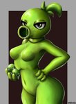 black_eyes bodily_fluids border breasts brown_background eyelashes featureless_breasts female food fruit green_body green_hair grey_border hair hand_on_hip hand_on_own_hip leaf leaf_hair legume looking_at_viewer navel not_furry pea_(food) plant plant_hair pseudo_hair saliva simple_background siphon_(anatomy) small_breasts solo thick_thighs three-quarter_view sssolechka electronic_arts plants_vs._zombies popcap_games elemental_creature elemental_humanoid flora_fauna humanoid peashooter_(pvz) plant_humanoid 2025 colored digital_media_(artwork) hi_res shaded signature