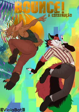 abstract_art abstract_background anthro arm_tattoo belt bottomwear brown_body brown_fur button-up clothing duo eyewear footwear fur furgonomics jewelry looking_at_viewer male male/male multicolored_body multicolored_fur necklace pants pattern_clothing red_body red_fur sandals shirt shoes striped_clothing stripes sunglasses tank_top tattoo topwear viola_bat victor_johansen viola_bat_(character) bat canid canine fox mammal absurd_res cover hi_res