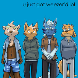 anthro blue_background blue_body bottomwear brown_body brown_fur brown_nose brown_stripes clothed clothed_anthro clothed_male clothing collared_shirt ear_piercing ear_ring eyewear eyewear_on_head fur glasses goggles goggles_on_head green_eyes group hair hands_behind_back hands_together hoodie horn inner_ear_fluff long_hair looking_at_viewer male open_clothing open_shirt open_topwear orange_body orange_fur pants piercing pink_nose rectangular_glasses ring_piercing shirt simple_background striped_body striped_fur stripes swimming_trunks swimwear t-shirt tail text topwear tuft wearing_glasses white_inner_ear_fluff yellow_eyes alsif_santoso mythology weezer weezer_(blue_album) alex_steph alsif_santoso_(character) ensu velyne_maw canid canine canis domestic_cat domestic_dog dragon felid feline felis mammal mustelid mythological_creature mythological_scalie otter scalie sea_otter 1:1 2023 digital_drawing_(artwork) digital_media_(artwork) english_description english_text hi_res icon