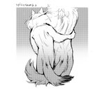 affectionate anthro arm_around_partner arm_around_shoulders arm_around_waist duo entwined_tails fluffy fluffy_tail fuzzy hug intraspecies leaning_on_another love male male/male neck_tuft nude rear_view romantic romantic_couple scar scars_all_over simple_background size_difference slim smaller_male standing tail tail_around_partner tail_coil tuft white_background scribbleshanks dreamworks puss_in_boots_(franchise) shrek_(series) big_bad_wolf_(shrek) death_(puss_in_boots) canid canine canis mammal wolf hi_res monochrome