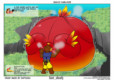 air_puff anthro black_outline black_text brown_body brown_fur brown_hair close_to_bursting dialogue fur glistening glistening_body hair immobile implied_popping inflation motion_lines outline puffkiss red_body text white_outline bat_dash banjo-kazooie rareware banjo_(banjo-kazooie) kazooie avian bear bird breegull brown_bear mammal ursine artist_name hi_res url