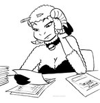 anthro bell bell_collar breasts cleavage clothed clothing collar female fingers fur hoof_hands hooved_fingers hooves horn leotard looking_down paperwork pencil_(object) sitting solo wool_(fur) tegerio lana_lynne bovid caprine mammal sheep 2023 black_and_white hi_res monochrome