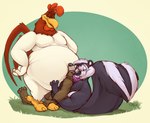 3_toes 4_toes 5_fingers anthro anthro_on_anthro avian_caruncle avian_feet beak belly between_bellies big_belly big_tail biped black_body black_bracelet black_clothing black_fur black_hair black_nose black_topwear bottomwear bracelet brown_body brown_feathers brown_fur brown_tail_feathers claws closed_smile clothed clothed_anthro clothed_male clothing comb_(anatomy) countershade_face countershade_fur countershade_torso countershading dewlap_(anatomy) ear_piercing ear_ring eyebrows facial_piercing feathers feet fingers fluffy fluffy_tail fur grass grey_bottomwear grey_clothing group hair hand_on_another's_foot hand_on_foot head_crest headgear headwear hug hugging_another hugging_from_behind humanoid_feet humanoid_hands interspecies jewelry larger_anthro larger_male looking_down_at_another looking_up_at_another male male/male male_anthro manwiched markings mouth_closed multicolored_body multicolored_feathers multicolored_fur multicolored_hair narrowed_eyes nose_piercing nose_ring nude nude_anthro nude_male overweight overweight_anthro overweight_male piercing pink_clothing pink_headwear plant plantigrade red_comb_(anatomy) red_wattle ring_piercing simple_background sitting sitting_on_ground size_difference smaller_anthro smaller_male smile smiling_at_another standing striped_body striped_fur striped_markings striped_tail stripes tail tail_feathers tail_markings toe_claws toes toony topwear trio two_tone_body two_tone_feathers two_tone_fur two_tone_hair two_tone_tail wattle whisker_spots white_body white_countershading white_feathers white_fur white_hair white_inner_ear white_stripes yellow_beak yellow_claws yellow_feet teaselbone looney_tunes warner_brothers foghorn_leghorn pepe_le_pew avian bear bird chicken galliform gallus_(genus) leghorn_chicken mammal mephitid phasianid skunk striped_skunk 2023 digital_media_(artwork) hi_res shaded signature