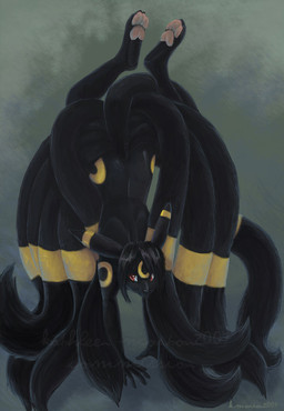4_toes 5_fingers anthro anthrofied arm_markings biped black_body black_ears black_fur black_hair black_nose black_paws black_tail ear_markings facial_markings feathers feet female fingers fur glistening glistening_eyes hair handstand head_markings long_tail markings multi_tail multicolored_body multicolored_ears multicolored_fur multicolored_tail nude pawpads paws pink_pawpads plantigrade pokemorph red_eyes short_hair simple_background snout solo tail tail_markings toes two_tone_body two_tone_ears two_tone_fur two_tone_tail year yellow_body yellow_ears yellow_fur yellow_markings yellow_tail kathleen_morton konekonoarashi nintendo pokemon eeveelution generation_2_pokemon pokemon_(species) umbreon 2007 digital_media_(artwork) signature watermark