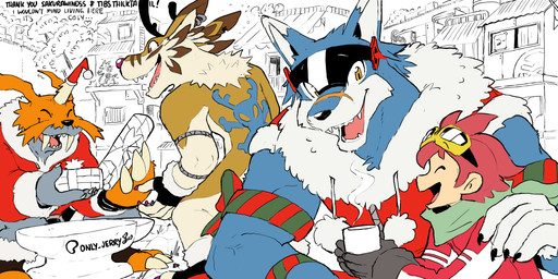 anthro anvil arm_bow black_claws black_nose blue_body blue_ears blue_fur christmas_clothing christmas_gift christmas_headwear claws clothing container cup detailed_background eyes_closed eyewear eyewear_on_head finger_claws fingers fur gift goggles goggles_on_head group hat headgear headwear holding_container holding_cup holding_mug holding_object holidays male mug muscular muscular_male open_mouth orange_body orange_fur outside pink_tongue red_nose santa_hat sharp_teeth skull_and_crossbones steam teeth text tongue dahecksajerry bandai_namco christmas digimon digimon_story:_time_stranger dan_yuki_(digimon) fan_character canid digimon_(species) gabumon garurumon human machgaogamon mammal renamon zudomon 2:1 artist_name english_text