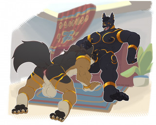 anklet anthro anus armlet backsack ball_suck balls big_balls big_muscles big_pecs big_penis black_hair brown_body brown_fur duo ear_piercing ear_ring fangs fur genitals glans gold_(metal) gold_jewelry hair huge_penis humanoid_genitalia humanoid_penis jewelry male male/male muscular muscular_anthro muscular_male nipples oral pawpads pecs penis piercing red_eyes ring_piercing sex sucking teeth thick_penis soradezwolfox aiden_(wolfdudeaiden) djoser_(psychoh13) anubian_jackal canid canine canis jackal mammal wolf hi_res