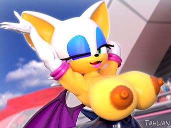 anthro areola big_breasts biped breasts brown_areola brown_nipples clothed clothing eyelashes female huge_breasts looking_at_viewer nipples open_mouth outside pupils smile solo tail thick_thighs three-quarter_view wings tahlian sega sonic_racing:_crossworlds sonic_the_hedgehog_(series) rouge_the_bat bat mammal 3d_(artwork) 4:3 absurd_res digital_media_(artwork) hi_res