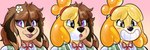accessory anthro anthro_to_inanimate black_eyes black_nose blonde_hair blush brown_hair female flower flower_in_hair glistening glistening_body hair hair_accessory inanimate_transformation inflatable permagrin plant pooltoy_transformation purple_eyes seam_(sewing) simple_background smile solo surprised transformation rindeadsong animal_crossing nintendo isabelle_(animal_crossing) animate_inanimate canid canine canis domestic_dog living_inflatable mammal 2024 bust_portrait digital_media_(artwork) hi_res portrait sequence