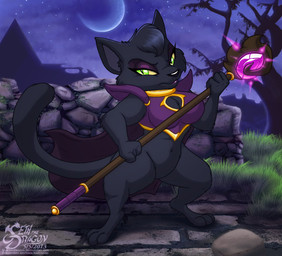 anthro barefoot big_breasts biped breasts cape clothed clothing cloud feet female green_eyes magic_user melee_weapon moon night outside partially_clothed polearm princess royalty sky solo staff standing weapon seththedragon domestic_cat felid feline felis mammal 2013 source_request unavailable_at_source
