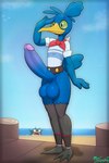 2021 2:3 4_fingers absurd_res ambiguous_gender anthro anthro_focus avian balls bandanna beach beak big_balls big_penis black_eyes black_legband blue_body blue_clothing blue_feathers blue_hair blue_scales blue_shirt blue_topwear blurred_background bottomless clothed clothing cramorant duo erection feathers fingers front_view generation_2_pokemon generation_8_pokemon genitals gesture glans green_sclera grey_body hair hi_res huge_balls huge_penis humanoid_genitalia humanoid_penis kerchief legband male male/ambiguous male_focus marine miso_souperstar nintendo open_mouth outside penis pier pokemon pokemon_(species) purple_glans qwilfish red_bandanna red_kerchief rolled_up_sleeves salute sand scales sea seaside shirt solo_focus tail tail_feathers topwear vignette water yellow_beak